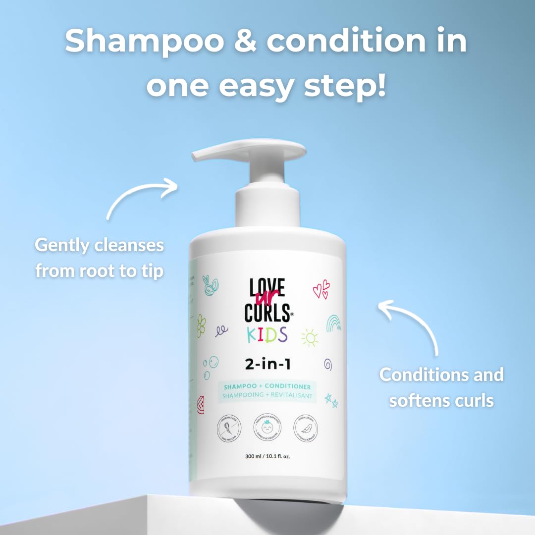 Love Ur Curls Kids Luck 2 en 1 botella ergonómica, fácil de agarrar para niños