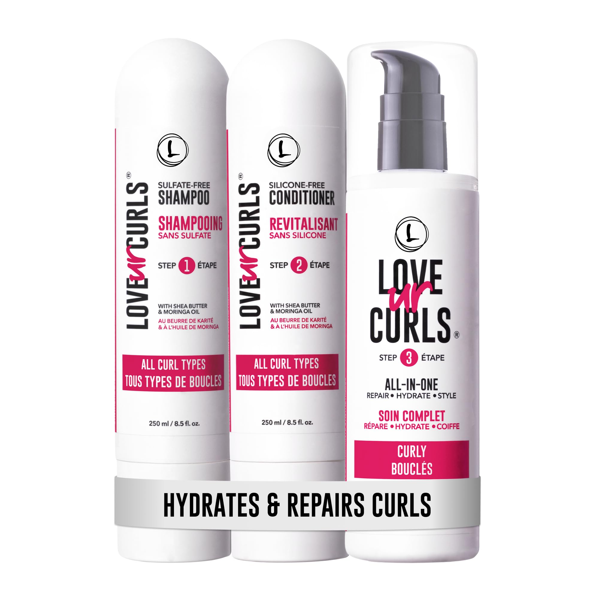 Love Ur Curls shampoo bottle close-up for gentle curl cleansing.