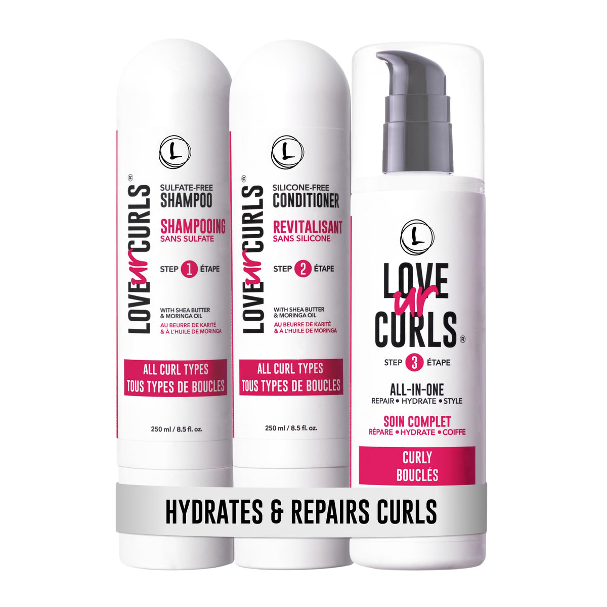 Love Ur Curls shampoo bottle close-up for gentle curl cleansing.