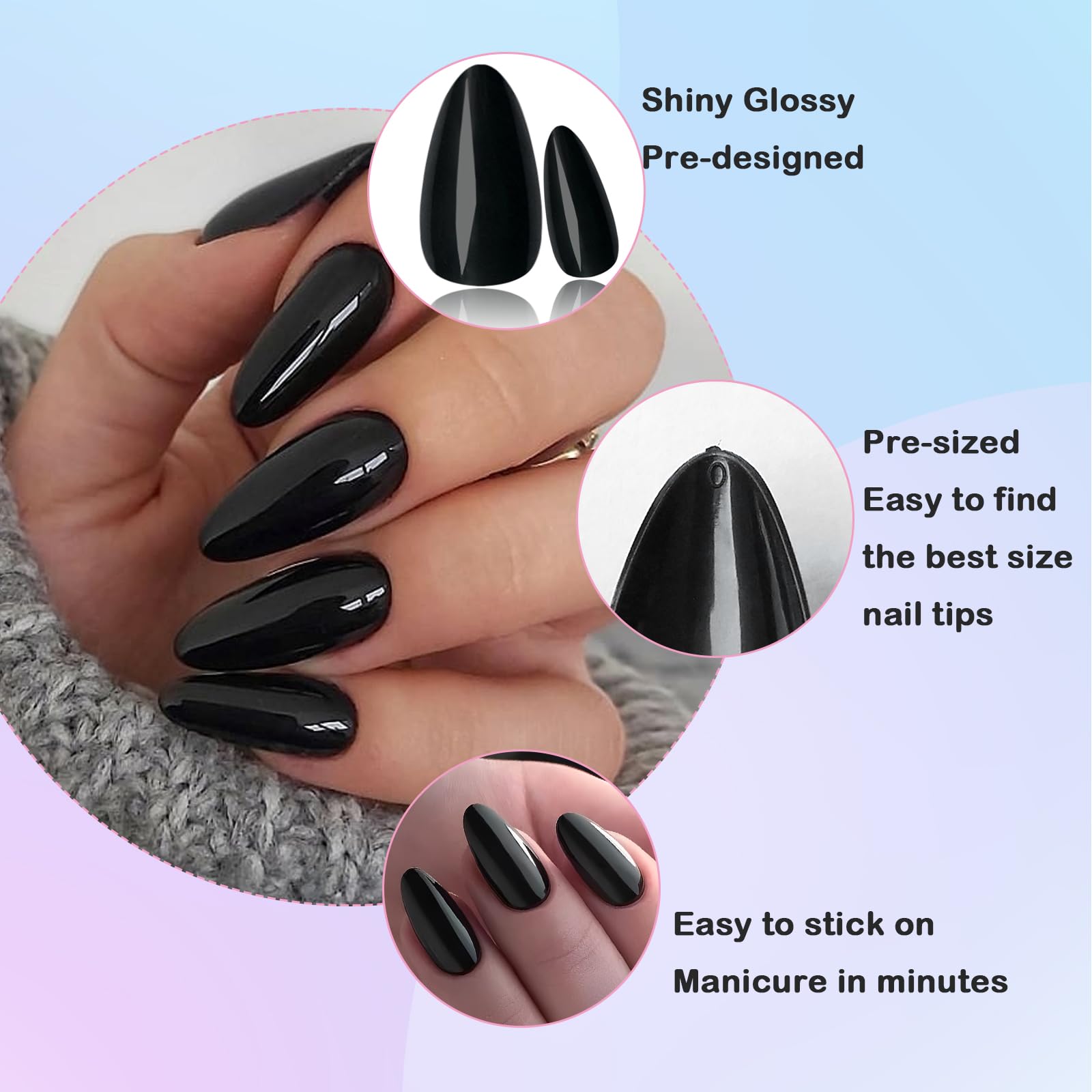 LoveOurHome almond press-on nails 12 sizes tray shows fit across nail beds.