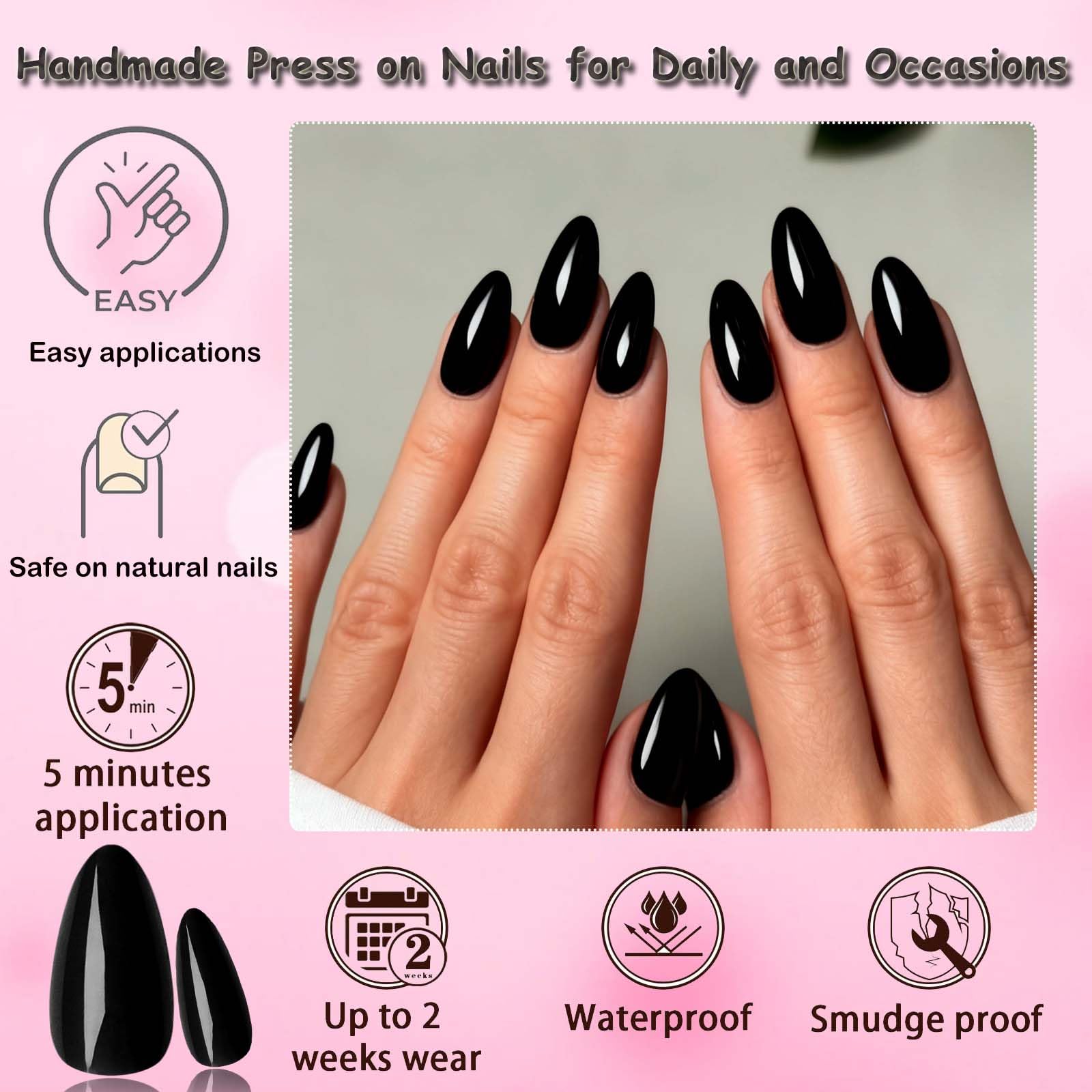 LoveOurHome almond press-on nails glue tabs pack demonstrates easy application.