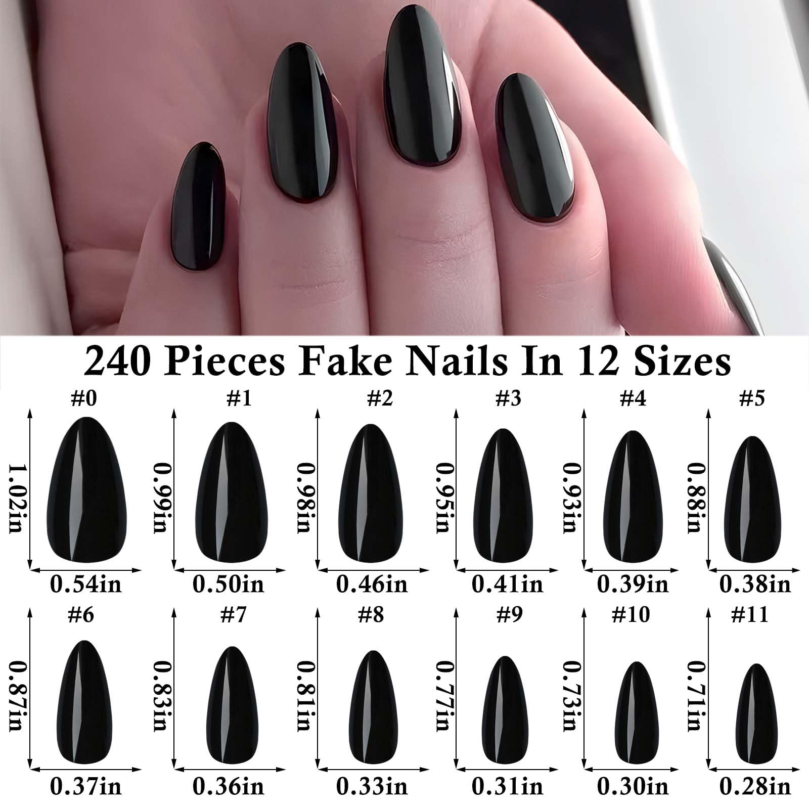 LoveOurHome almond press-on nails medium black close-up with glossy finish.