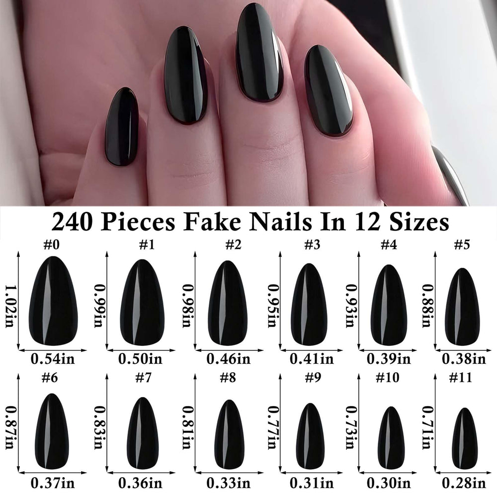 LoveOurHome almond press-on nails medium black close-up with glossy finish.