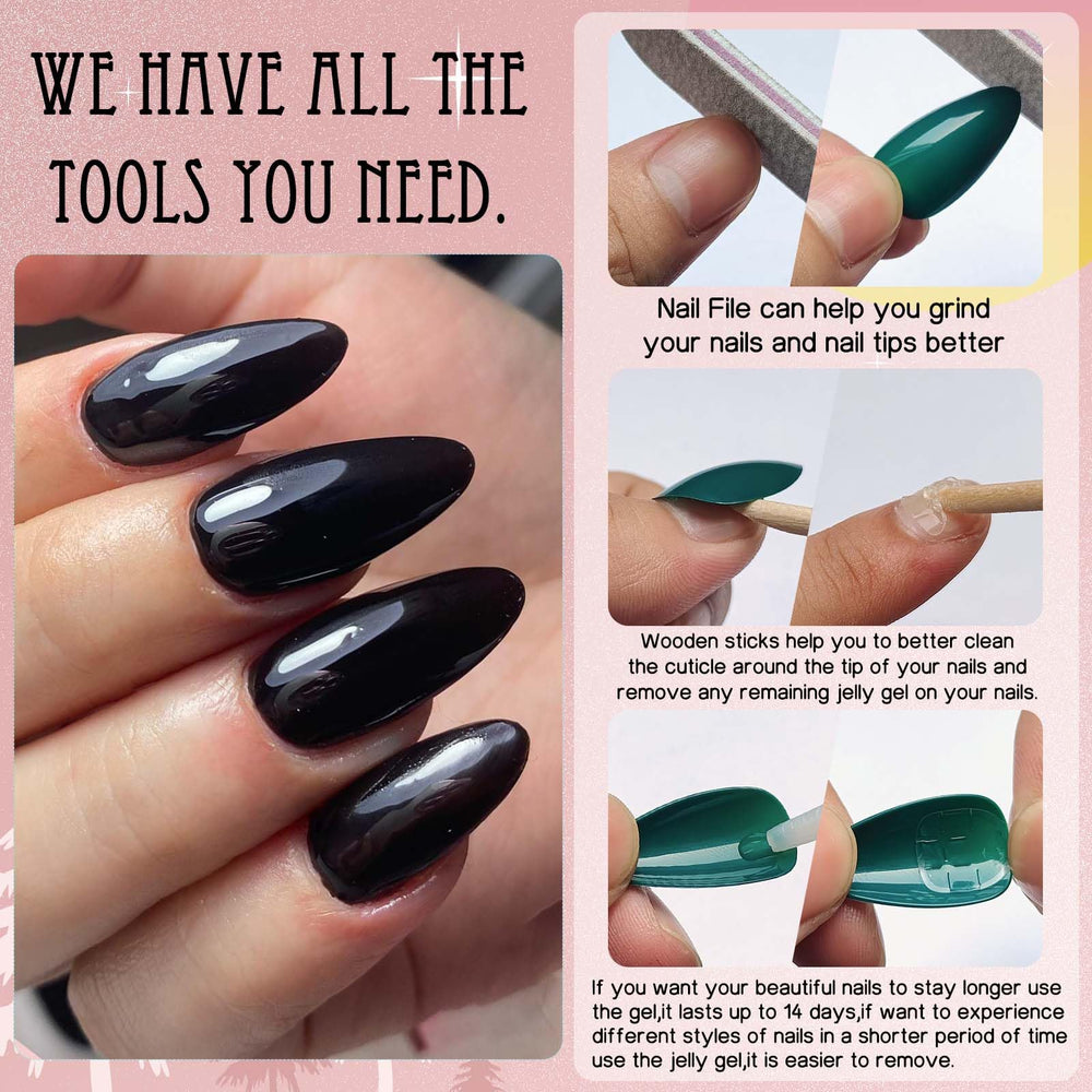 LoveOurHome almond press-on nails nail file included for shaping and prep.