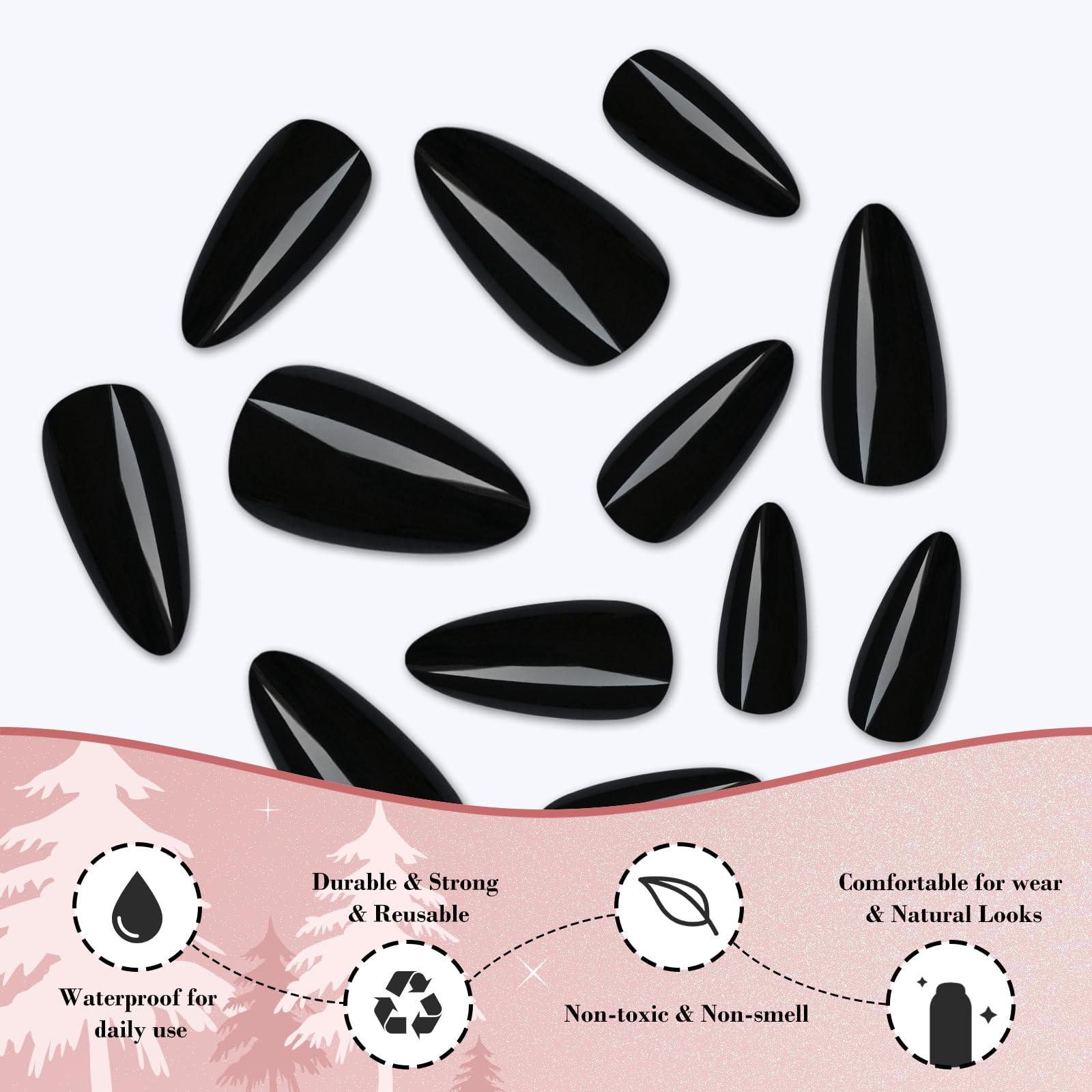 LoveOurHome almond press-on nails on hand model wearing glossy black nails.