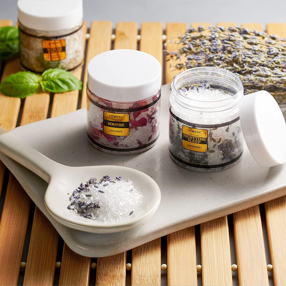 LOVERY Coconut Epsom salt jar for moisturizing bath soak.