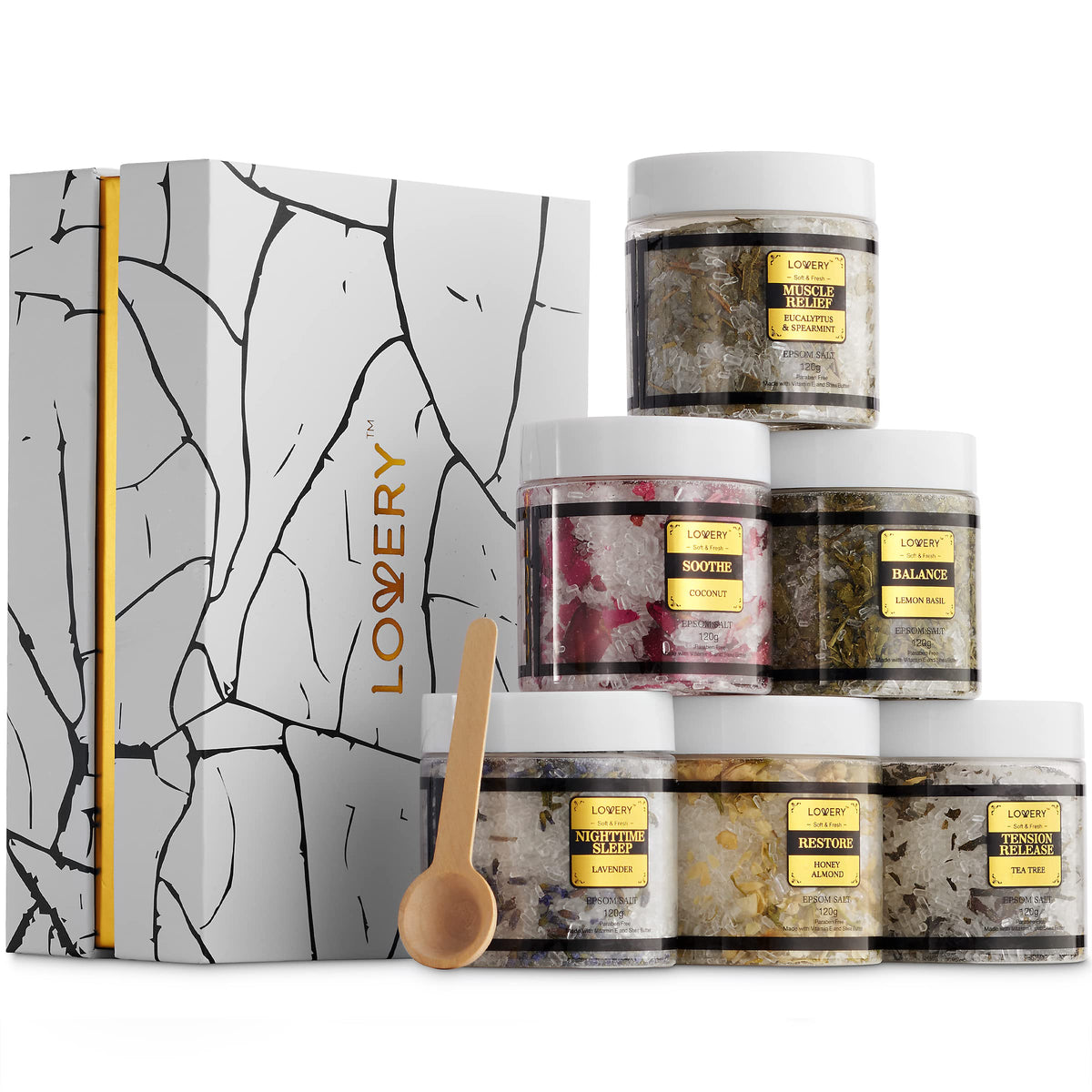 LOVERY Deluxe Epsom salts gift set in marble and gold box for at-home spa moments.