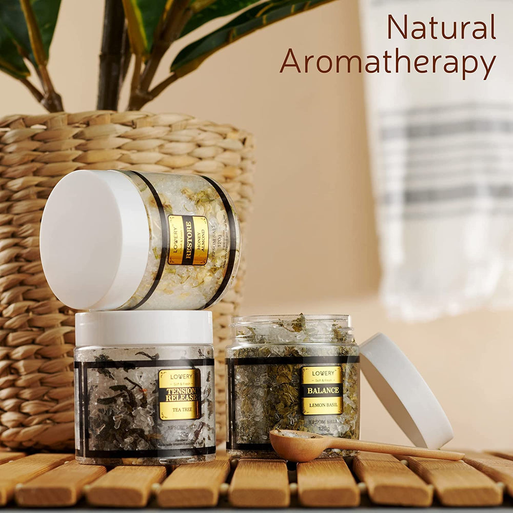 LOVERY Tea Tree Epsom salt jar with refreshing spa scent.