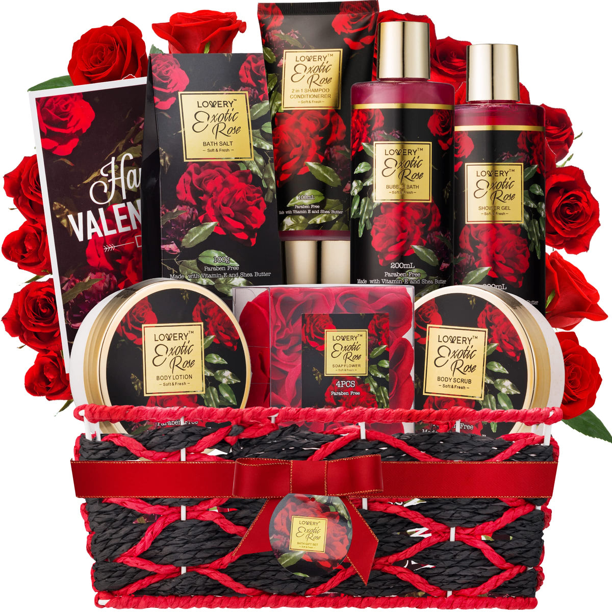 Lovery Valentine gift basket with rose accents for a romantic at-home spa