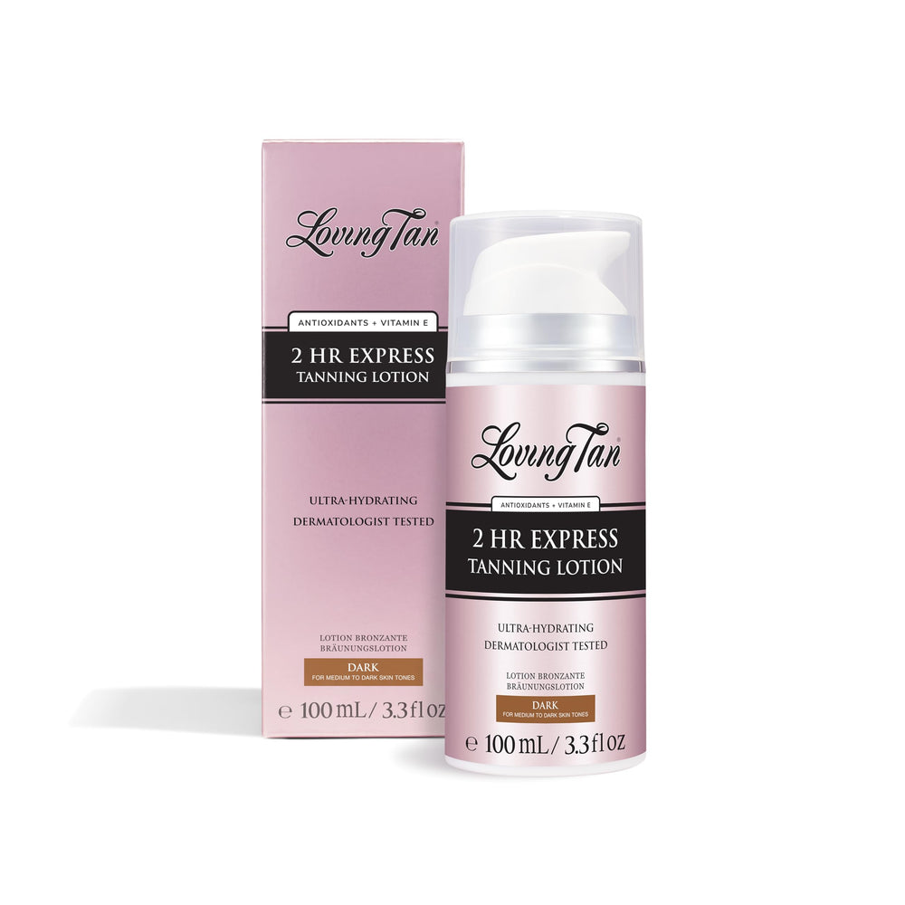 Loving Tan 2 Hr Express Self Tanning Lotion bottle highlights hydrating formula for a natural glow.