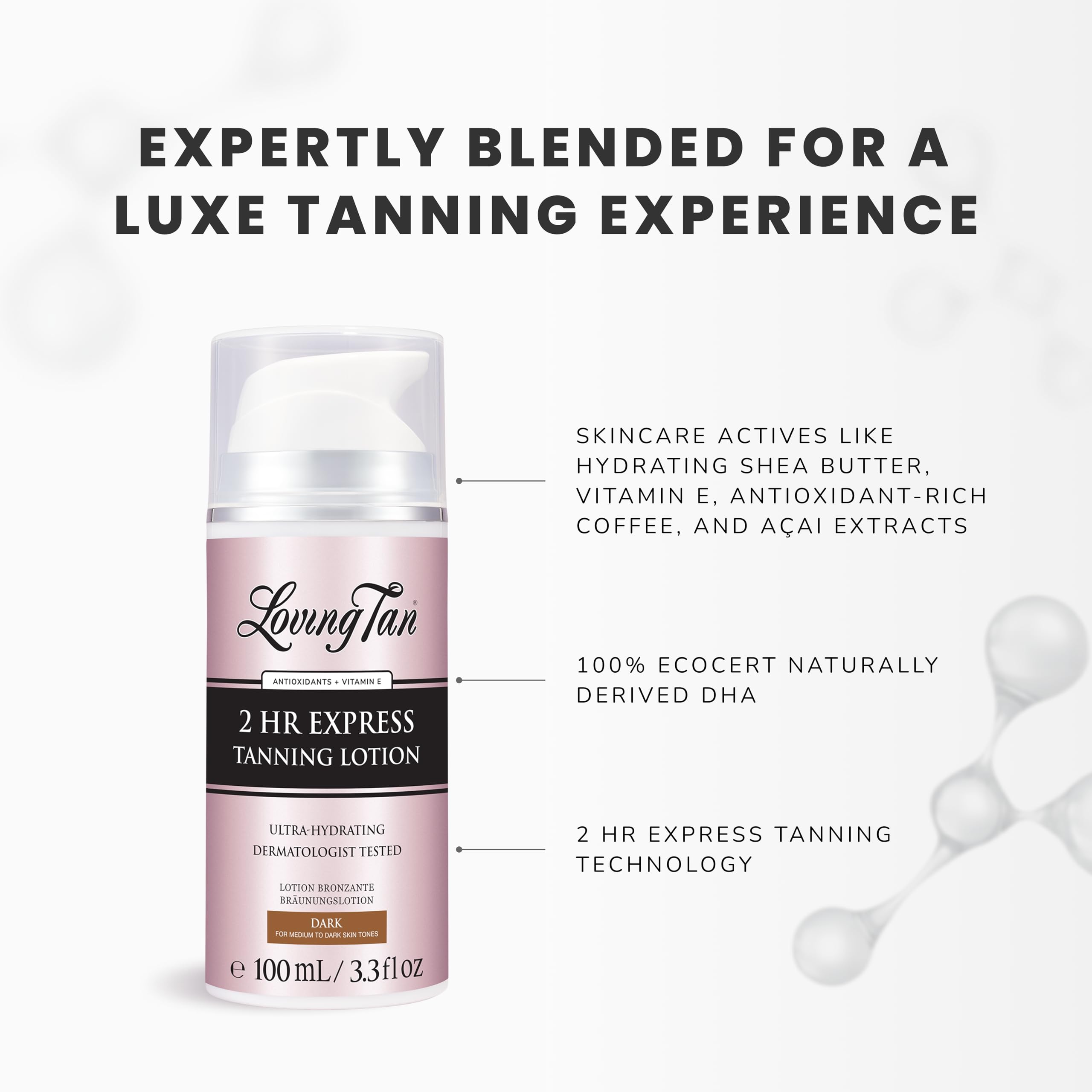 Loving Tan packaging and 3.3 oz bottle for travel or home use.