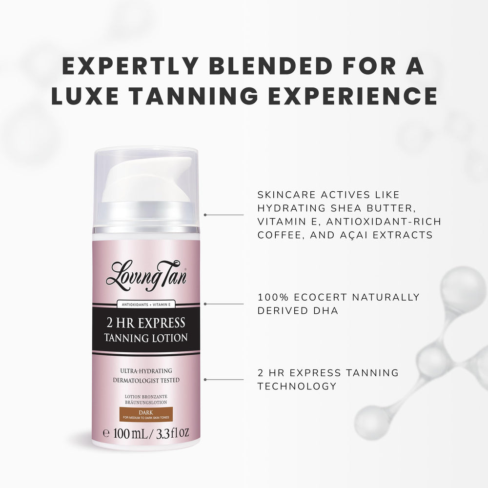 Loving Tan packaging and 3.3 oz bottle for travel or home use.