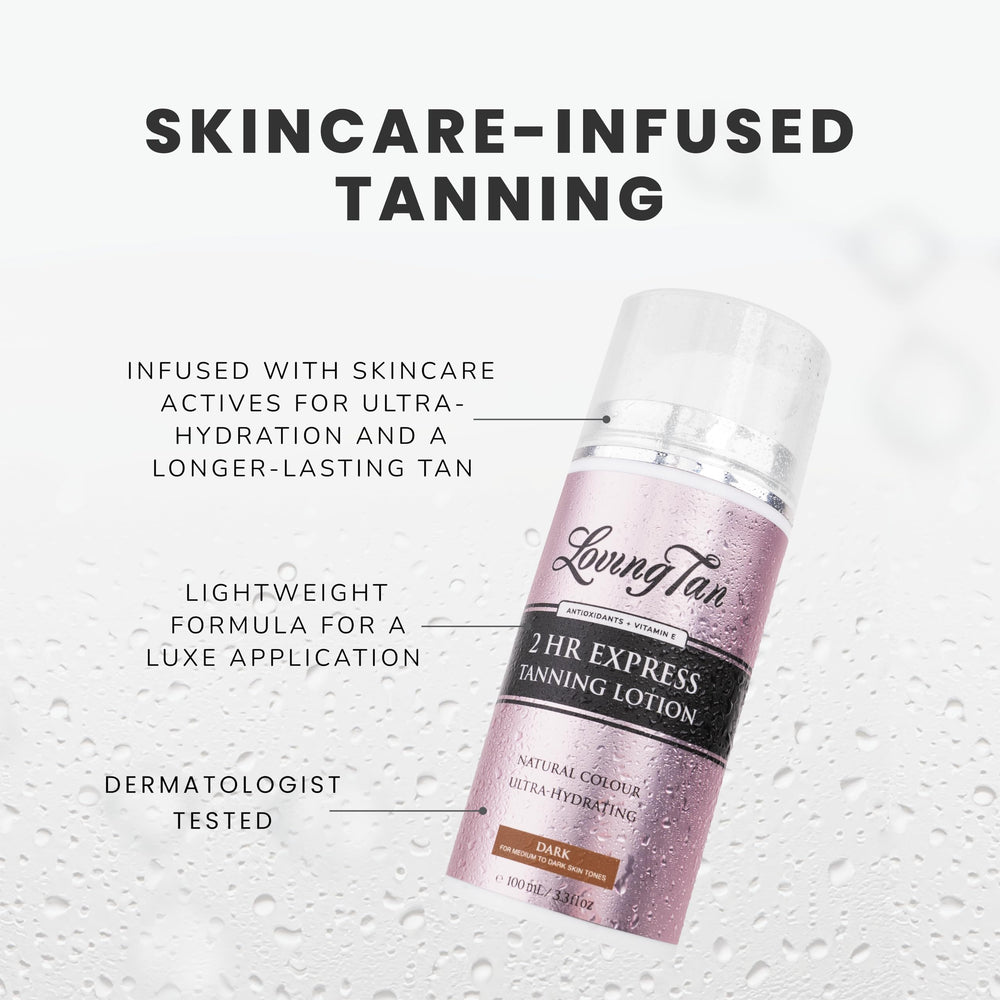 Loving Tan lotion texture close-up reveals lightweight, non-greasy finish.