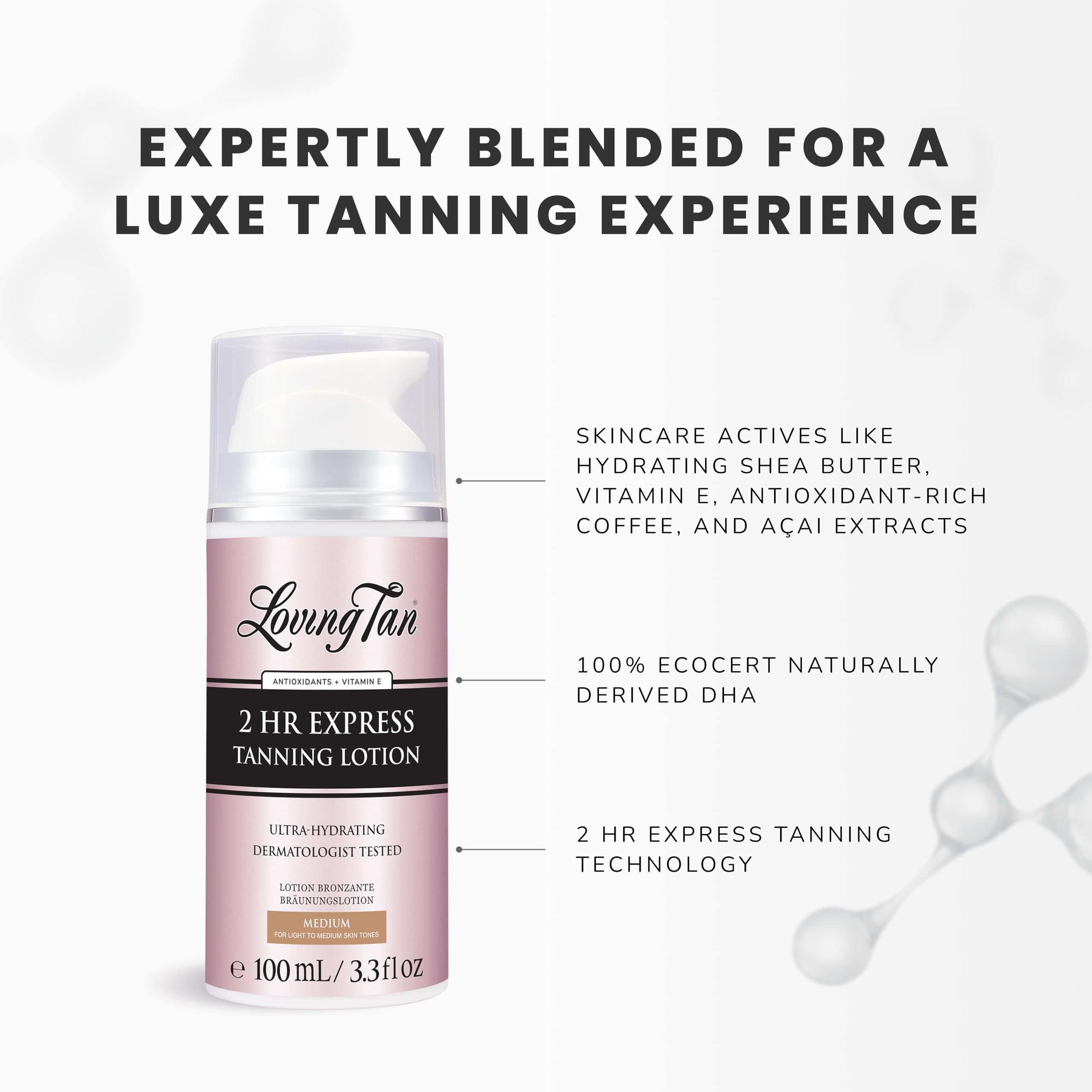 Loving Tan 2 Hr Express ingredients close-up shows vegan, lightweight hydration benefits.