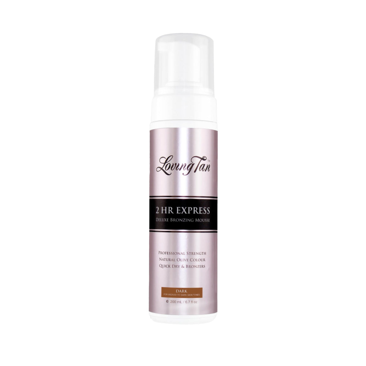 Loving Tan 2 HR Express mousse bottle with instant color guide for quick, streak-free glow