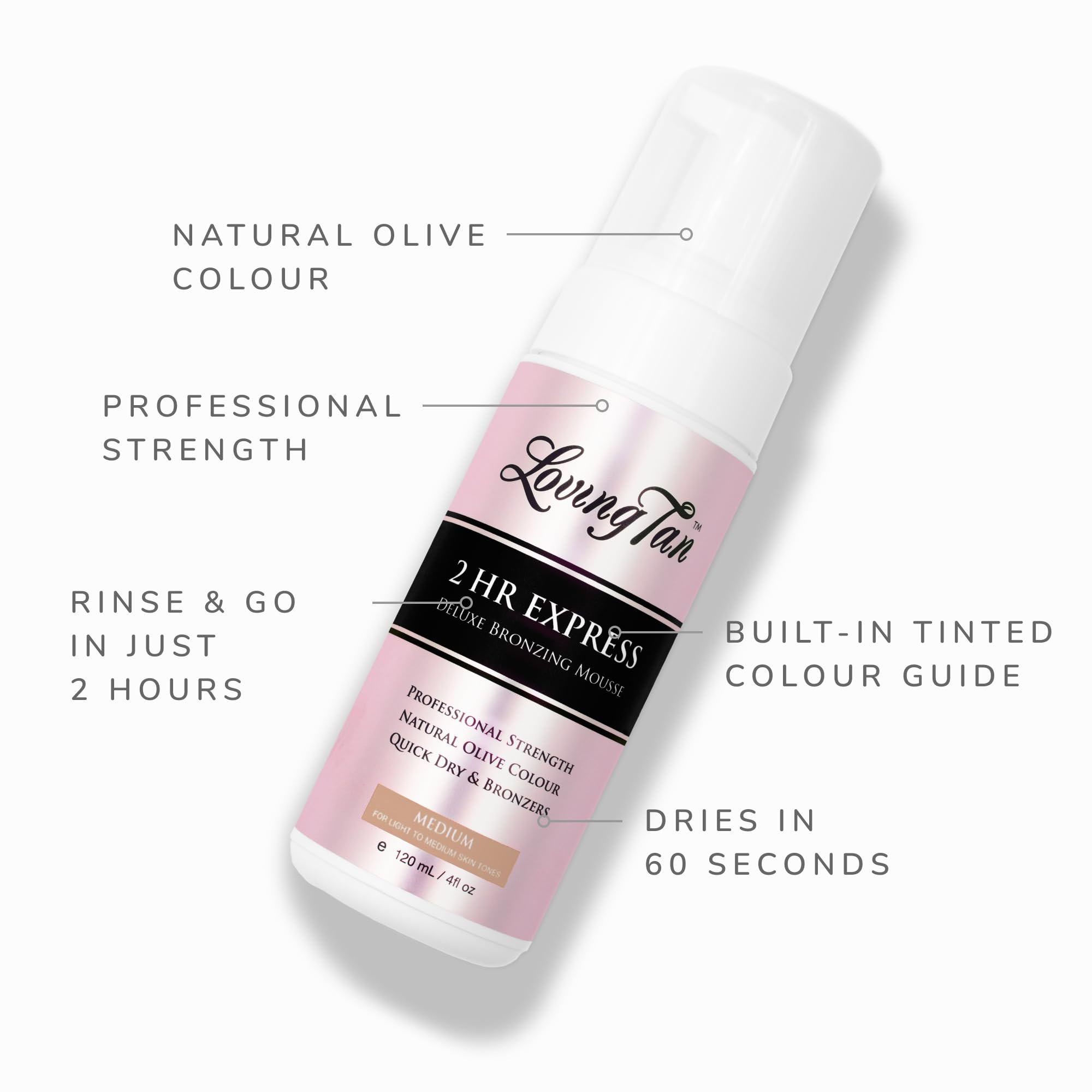 Loving Tan 2 HR Express mousse quick-drying foam showing 60-second dry time.