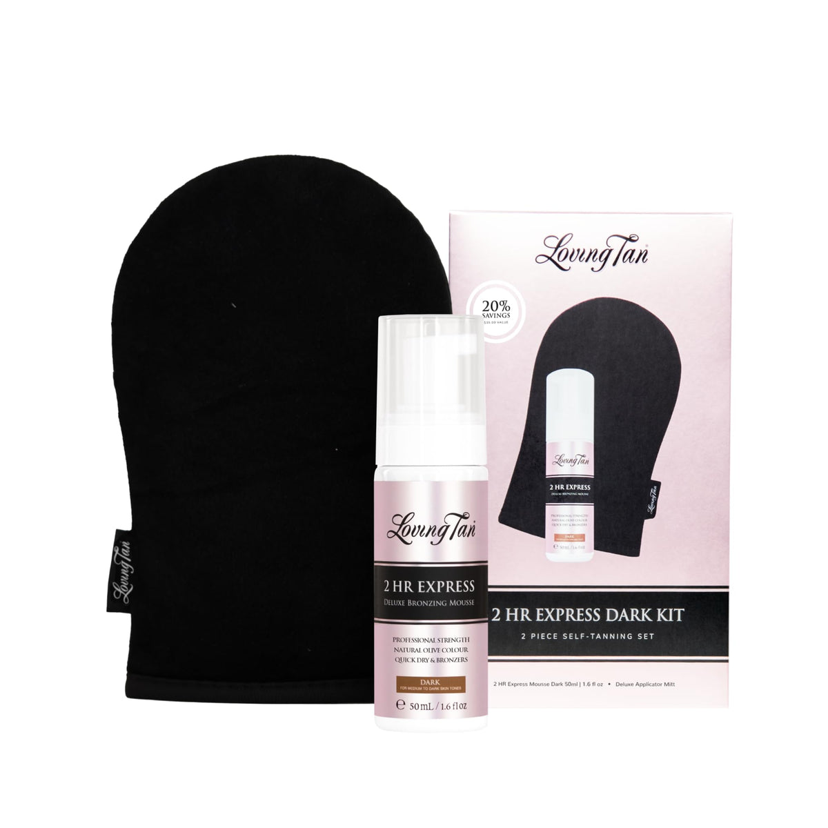 Loving Tan 2HR Express mousse travel size with tinted guide for streak-free application.