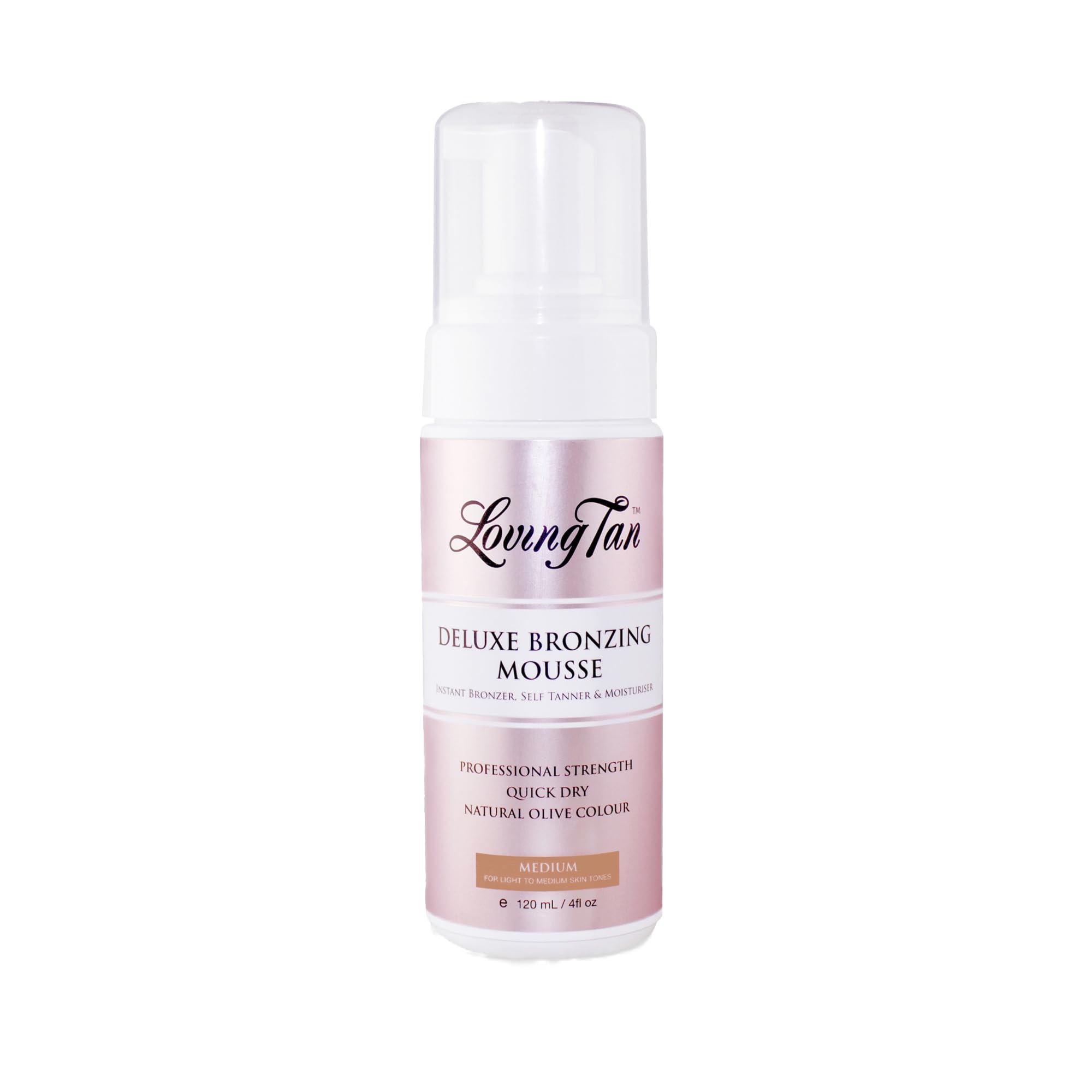 Loving Tan Deluxe self tanning mousse bottle displays a natural bronze color for a sunless tan