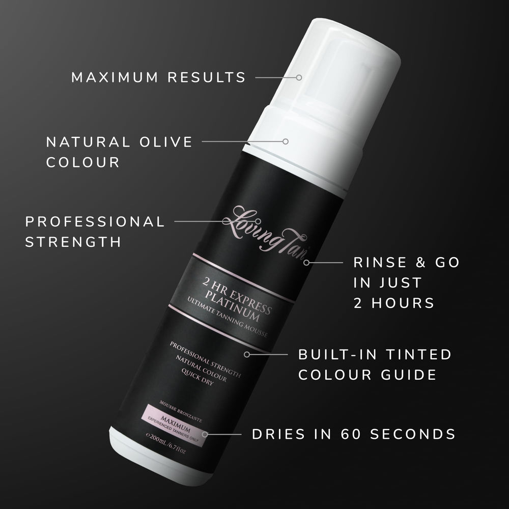 Loving Tan Platinum 2 HR Express packaging emphasizes rinse-free 2 hour timing