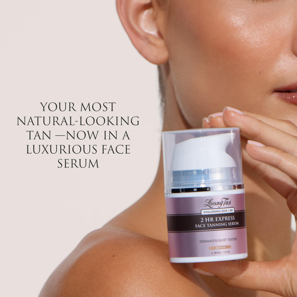 Loving Tan tinted color guide shows where product is applied for flawless coverage.