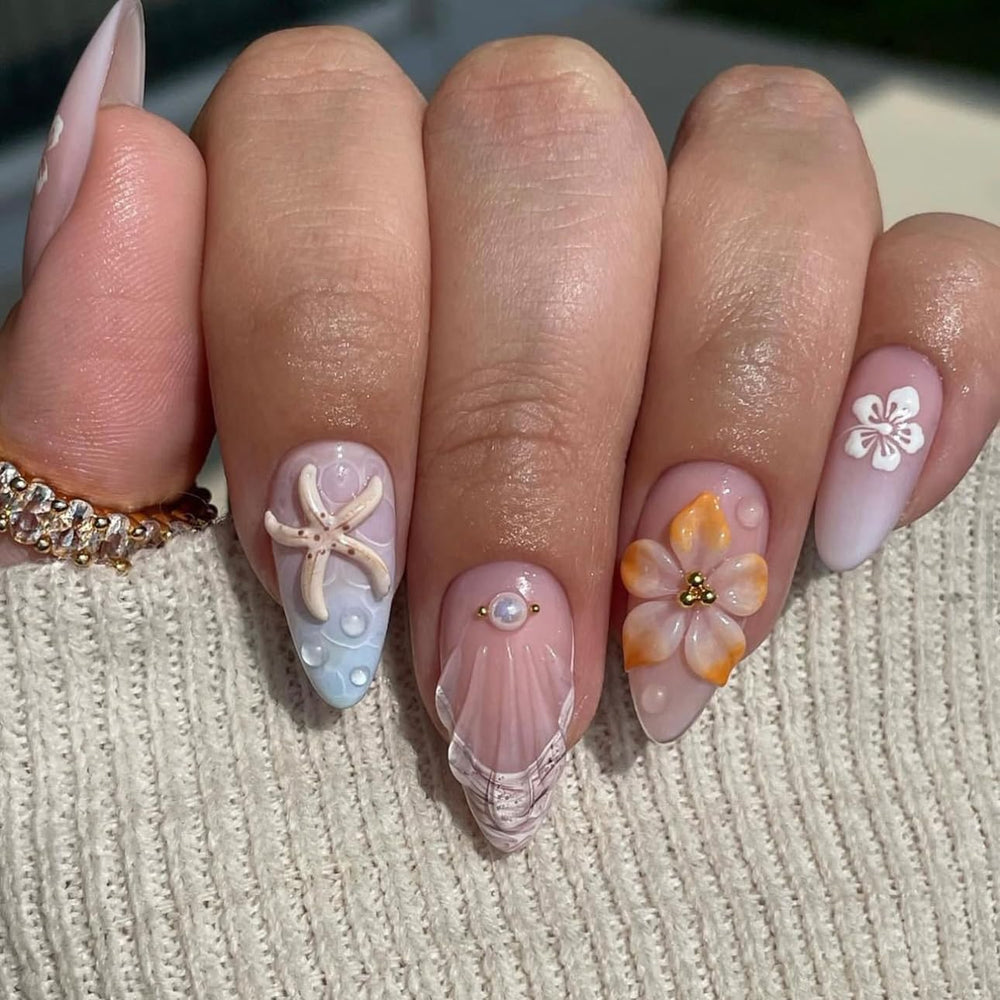 LPOODDNU 3D embossed flower almond press-on nails for stylish daily wear