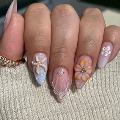 LPOODDNU 3D embossed flower almond press-on nails for stylish daily wear