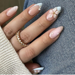 LPOODDNU almond flower pearl press-on nails, easy DIY manicure and salon-like finish.