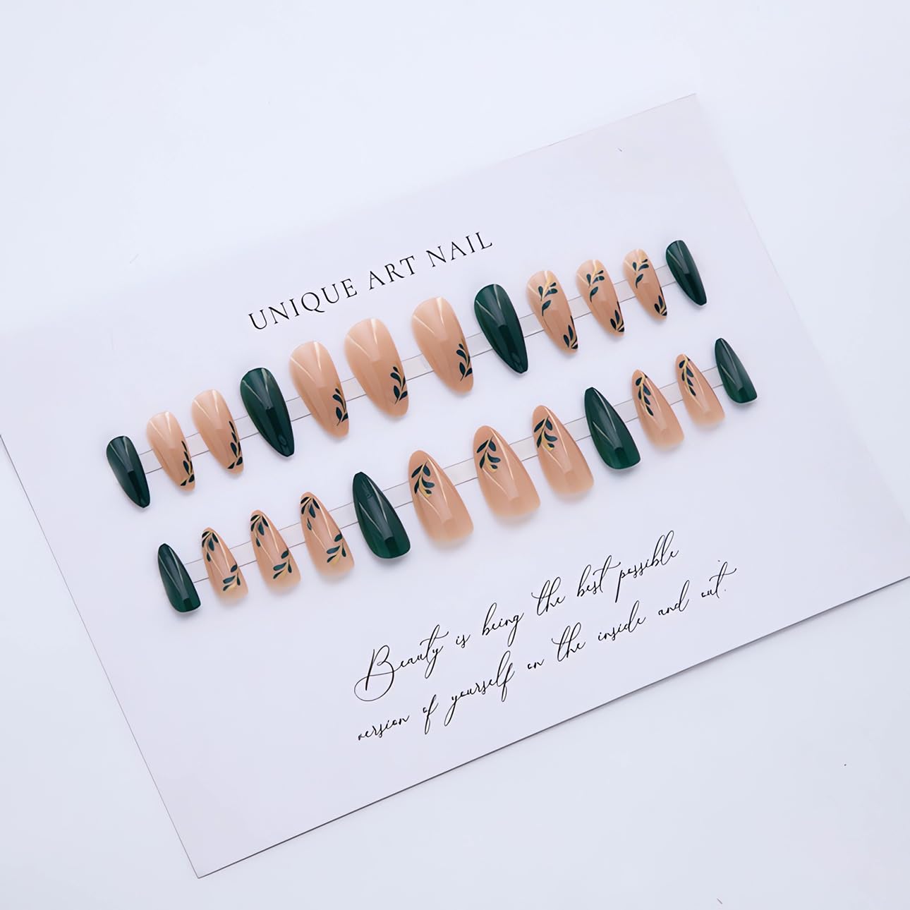 LPOODDNU leaf-pattern nails offering a nature-inspired design for elegant occasions.