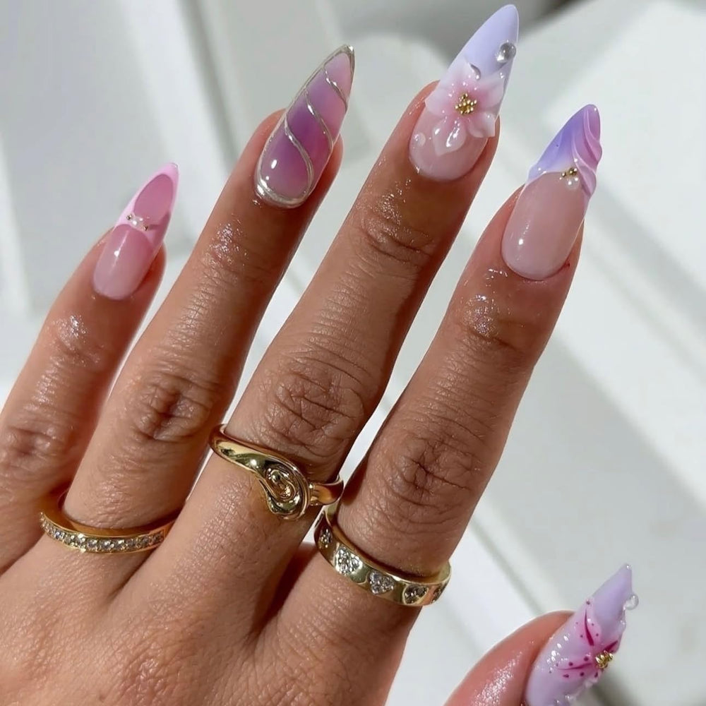 LPOODDNU purple pink almond press-on nails with embossed flowers for a salon-style manicure.