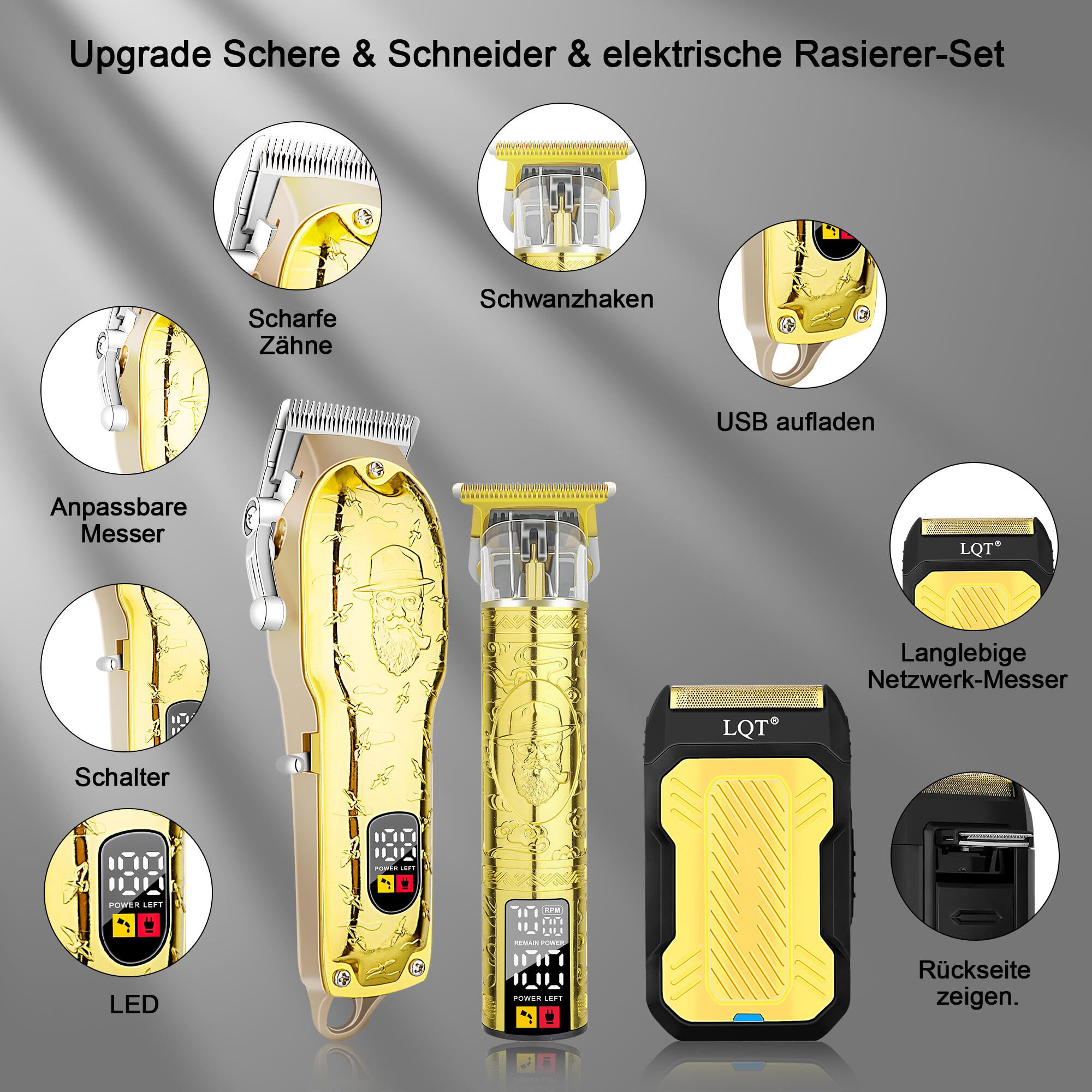 LQT cordless grooming with USB charging for on-the-go use.
