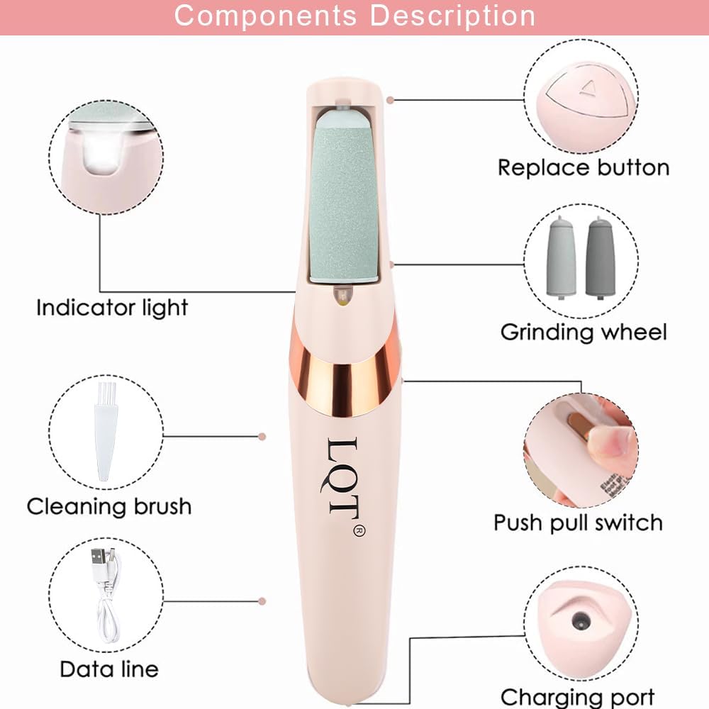 LQT electric foot file shows roller heads for customized callus care