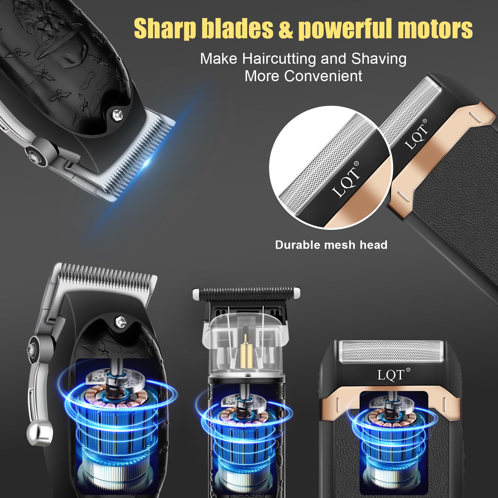 LQT hair clipper with guide combs for precise at-home grooming.