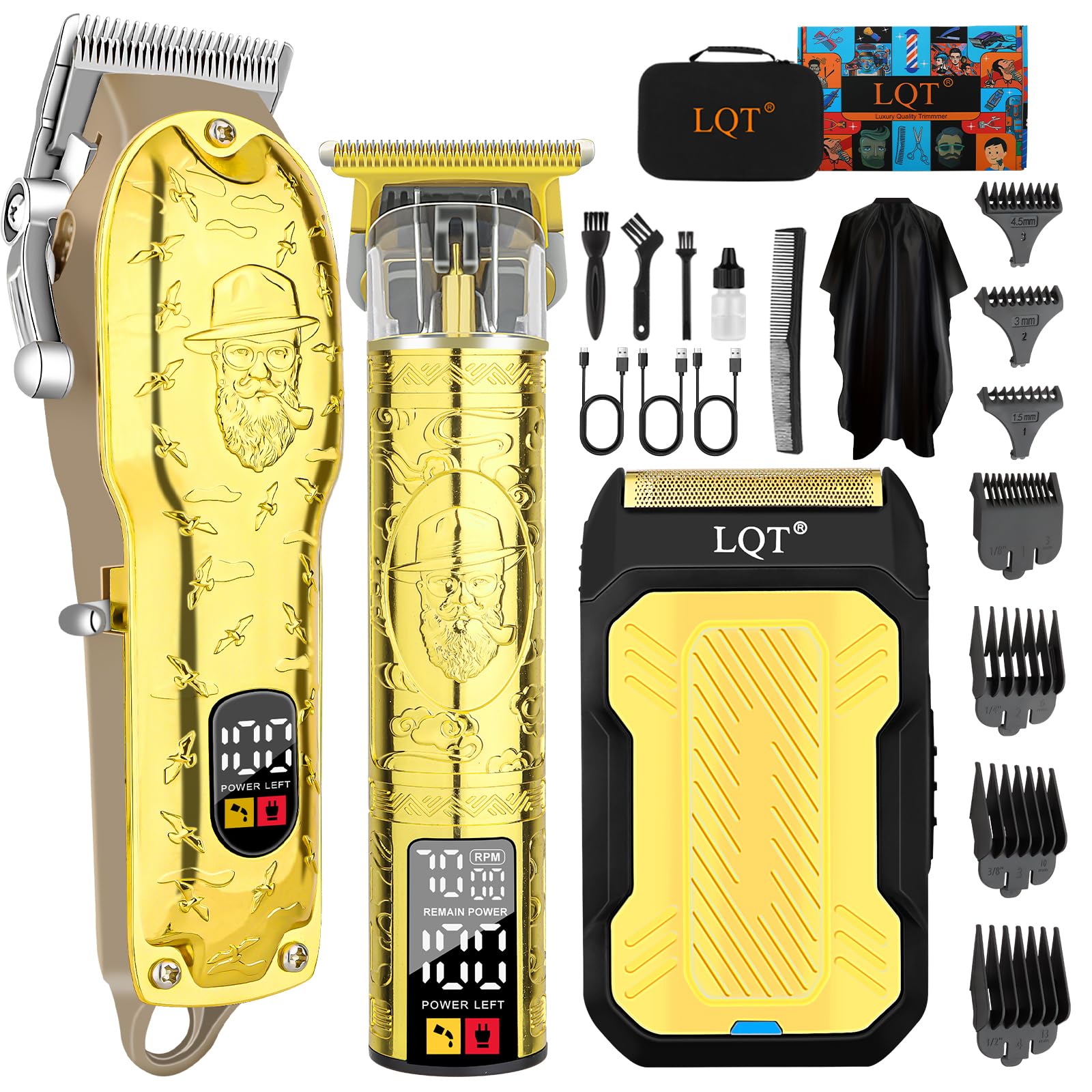 LQT professional hair clipper set with gold finish for premium styling.