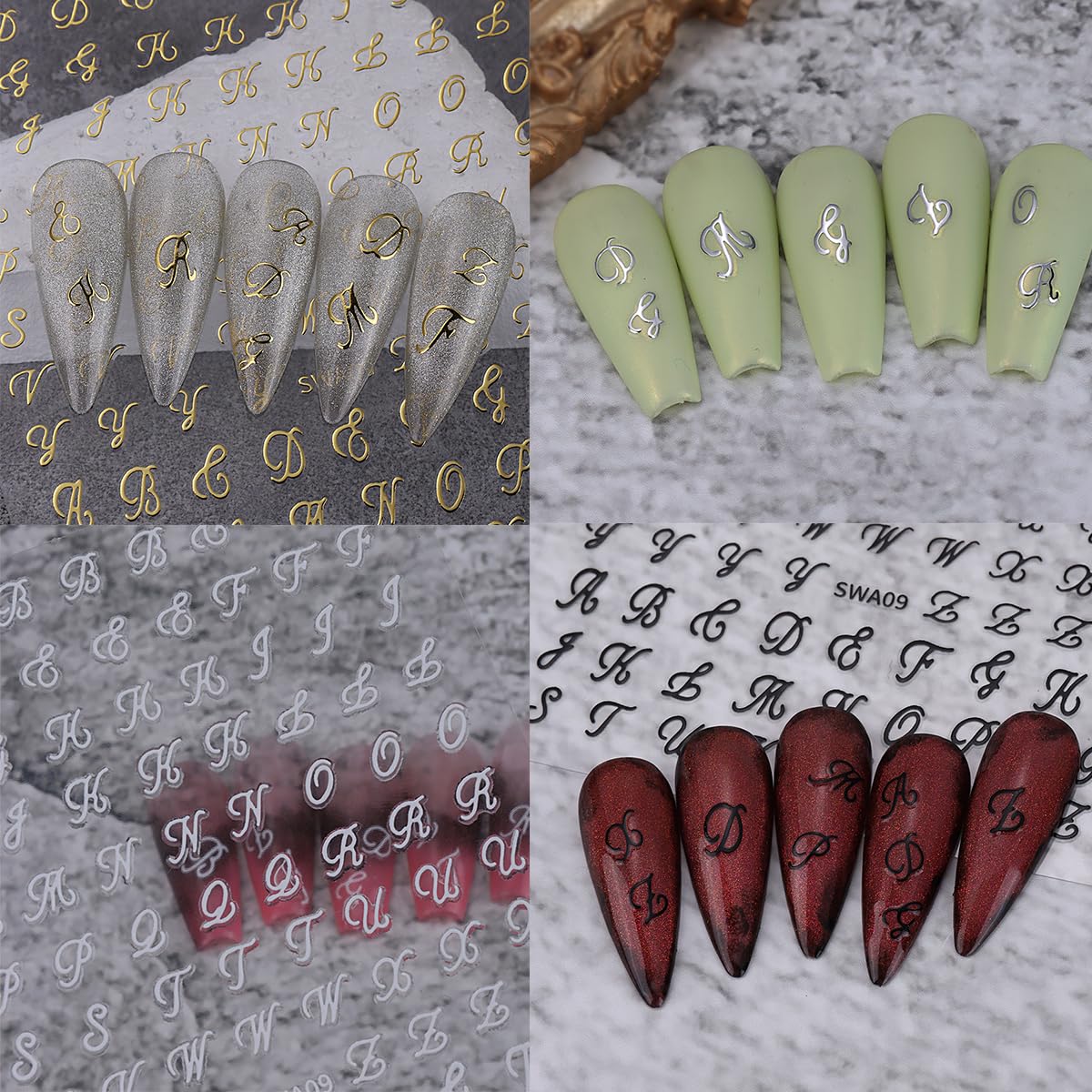 LRKNNO diseño de letras para uñas, añade brillo dorado y plateado.