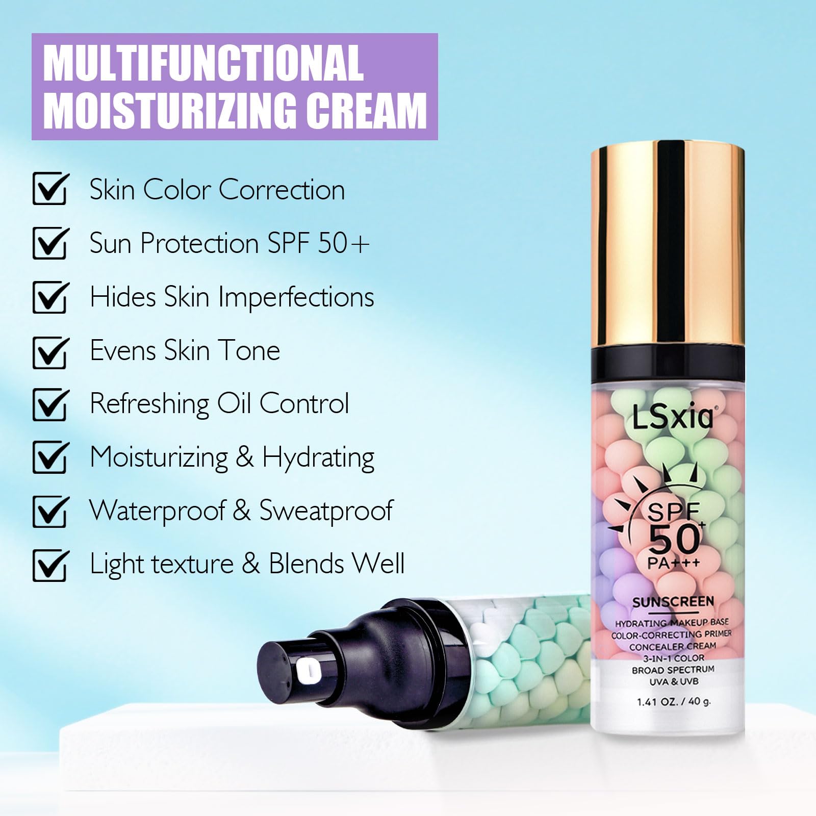 LSxia pump-action bottle demonstrates easy, one-step priming and color correction.