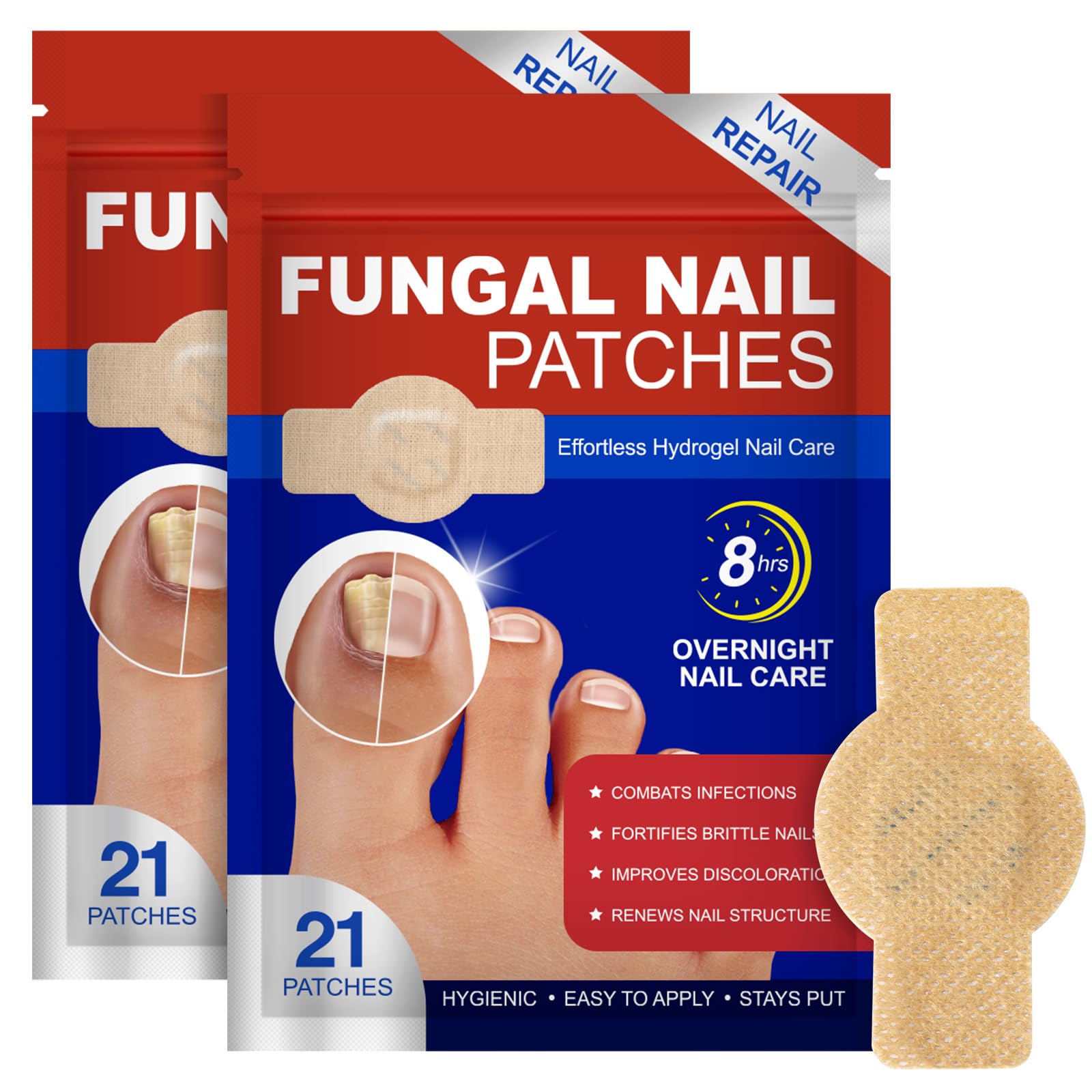 LTQXGT fungal nail patches applied to a damaged toenail for extra-strength repair and protection.