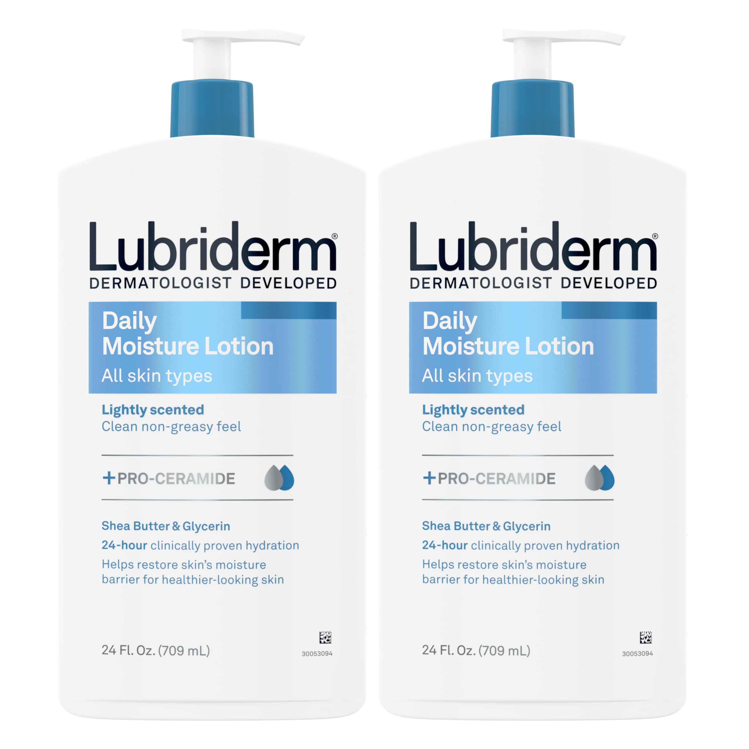 Lubriderm Daily Moisture Lotion bottle front with Pro-Ceramide for hydrated skin