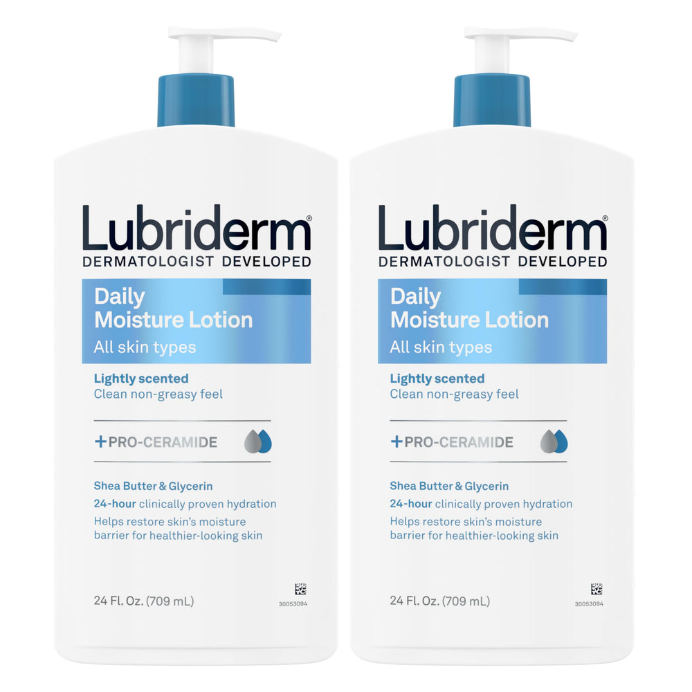 Lubriderm Daily Moisture Lotion bottle front with Pro-Ceramide for hydrated skin