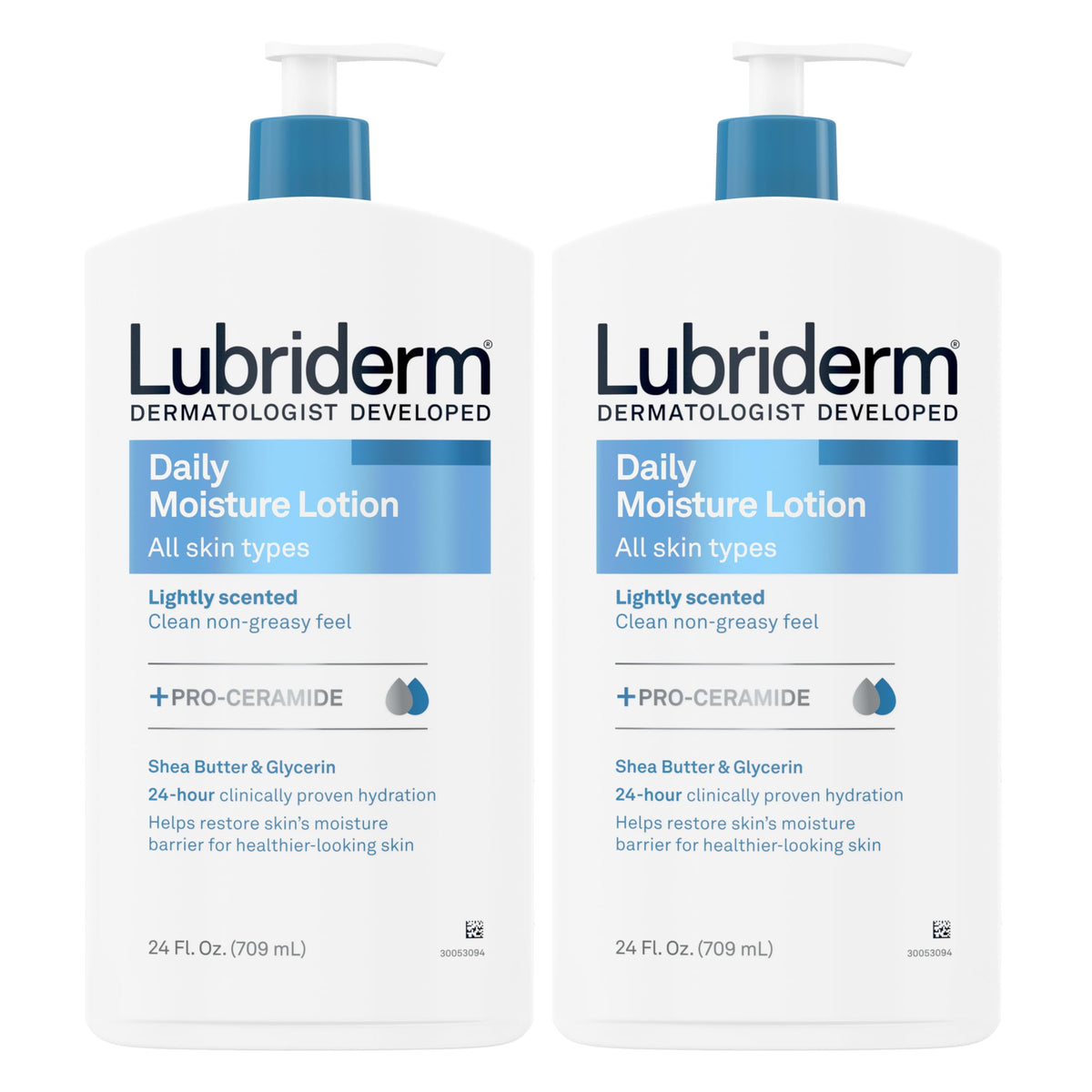 Lubriderm Daily Moisture Lotion bottle front with Pro-Ceramide for hydrated skin