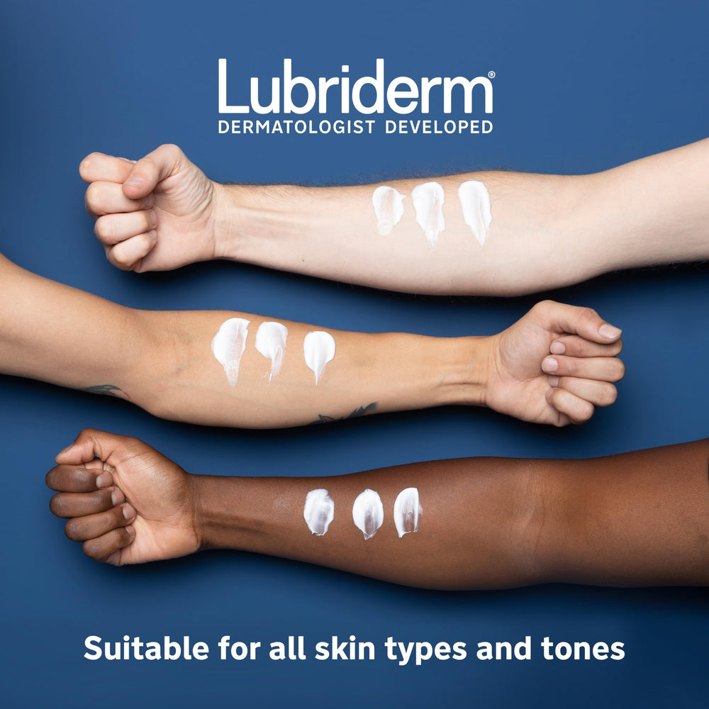 Lubriderm, manteca de karité y ceramidas, hidratación suave para manos y cuerpo.