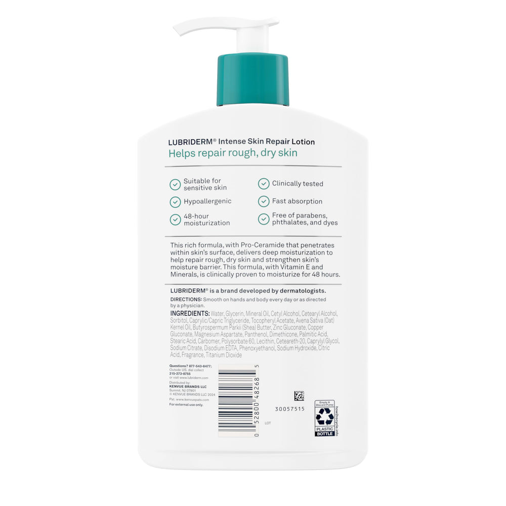 Lubriderm fast-absorbing lotion on forearm shows light, non-greasy feel.