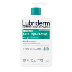 Lubriderm Intense Skin Repair bottle shows deep hydration for rough, dry skin.