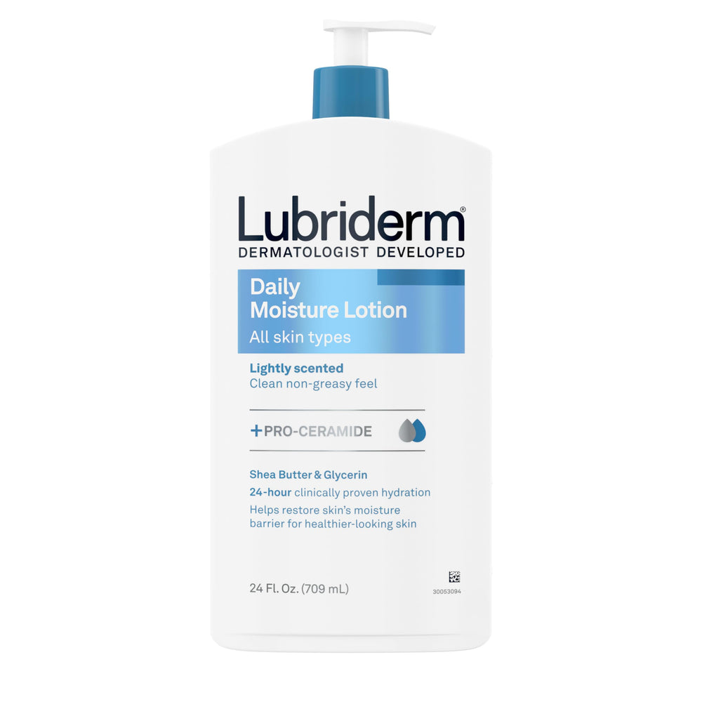 Lubriderm, loción diaria hidratante, botella con dosificador para hidratación de larga duración.