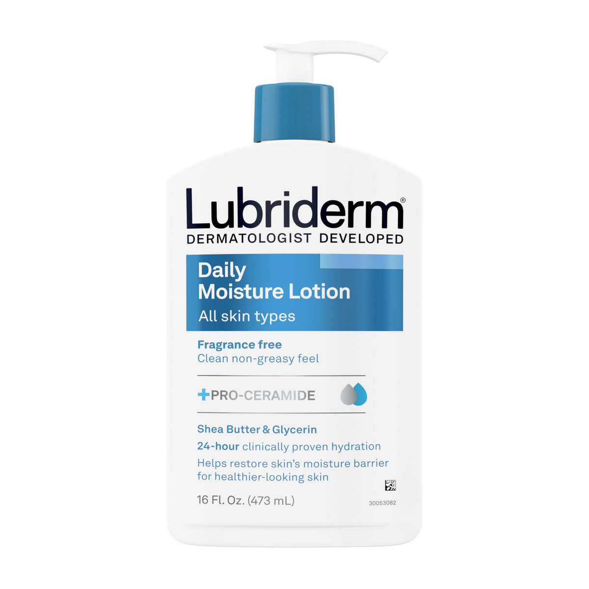 Lubriderm locion diaria sin fragancia en envase; textura suave para uso diario.