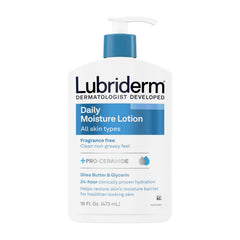 Lubriderm locion diaria sin fragancia en envase; textura suave para uso diario.