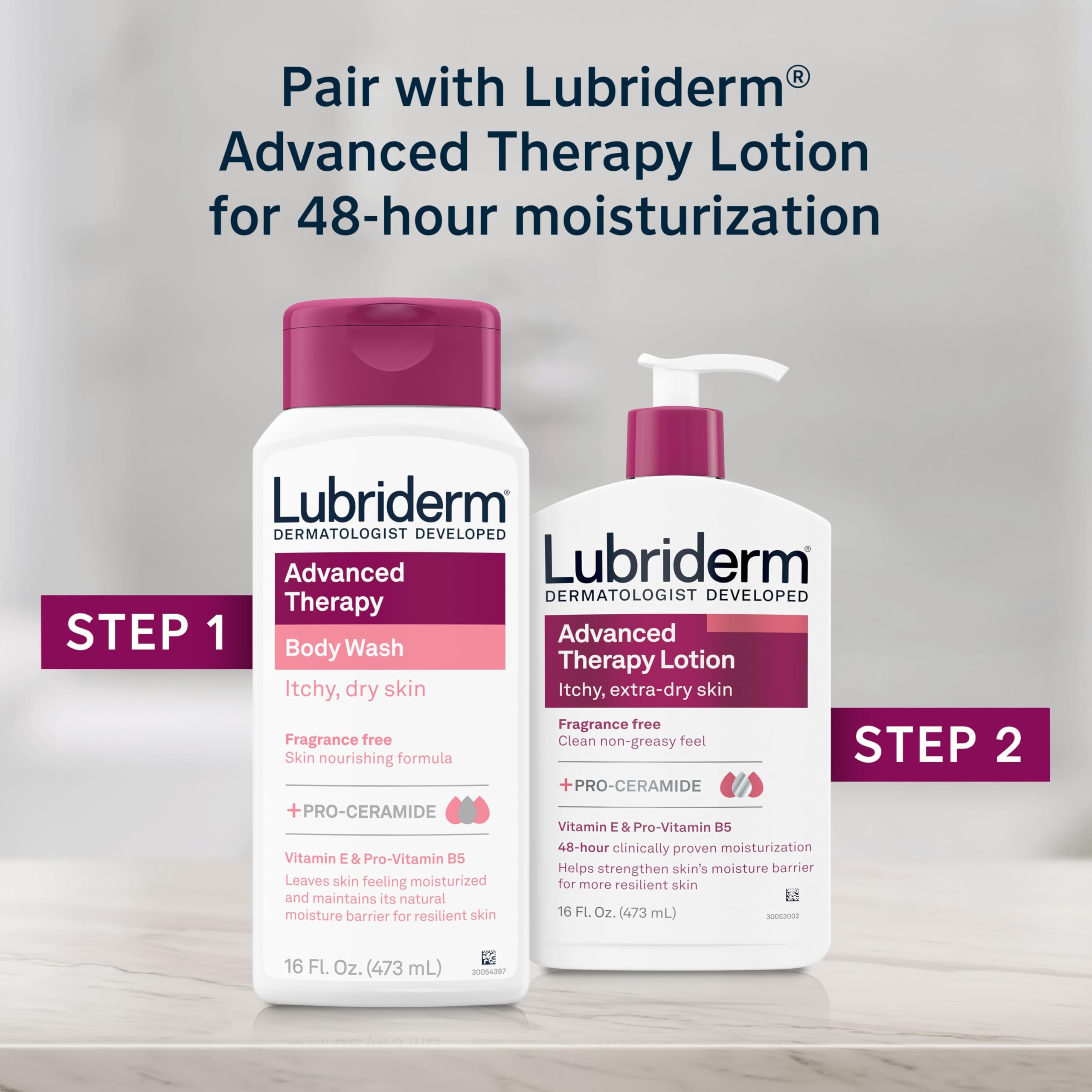 Envase de 473 ml de Lubriderm Advanced Therapy, práctico para uso diario