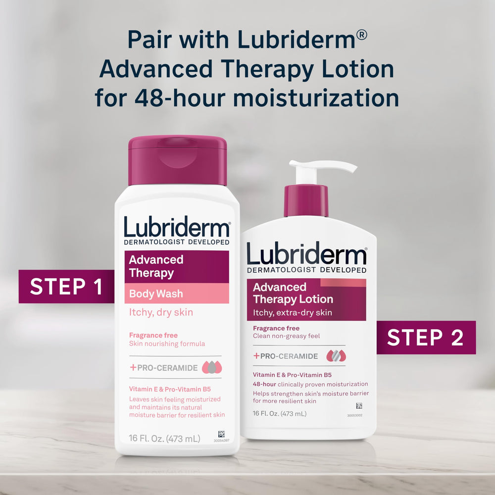 Envase de 473 ml de Lubriderm Advanced Therapy, práctico para uso diario