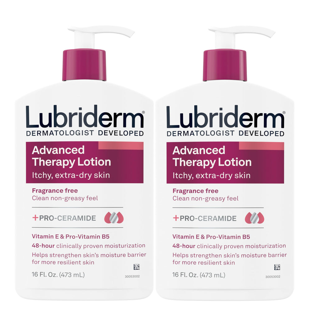 Lubriderm Terapia Avanzada loción sin fragancia en botella de 16 oz para piel sensible.