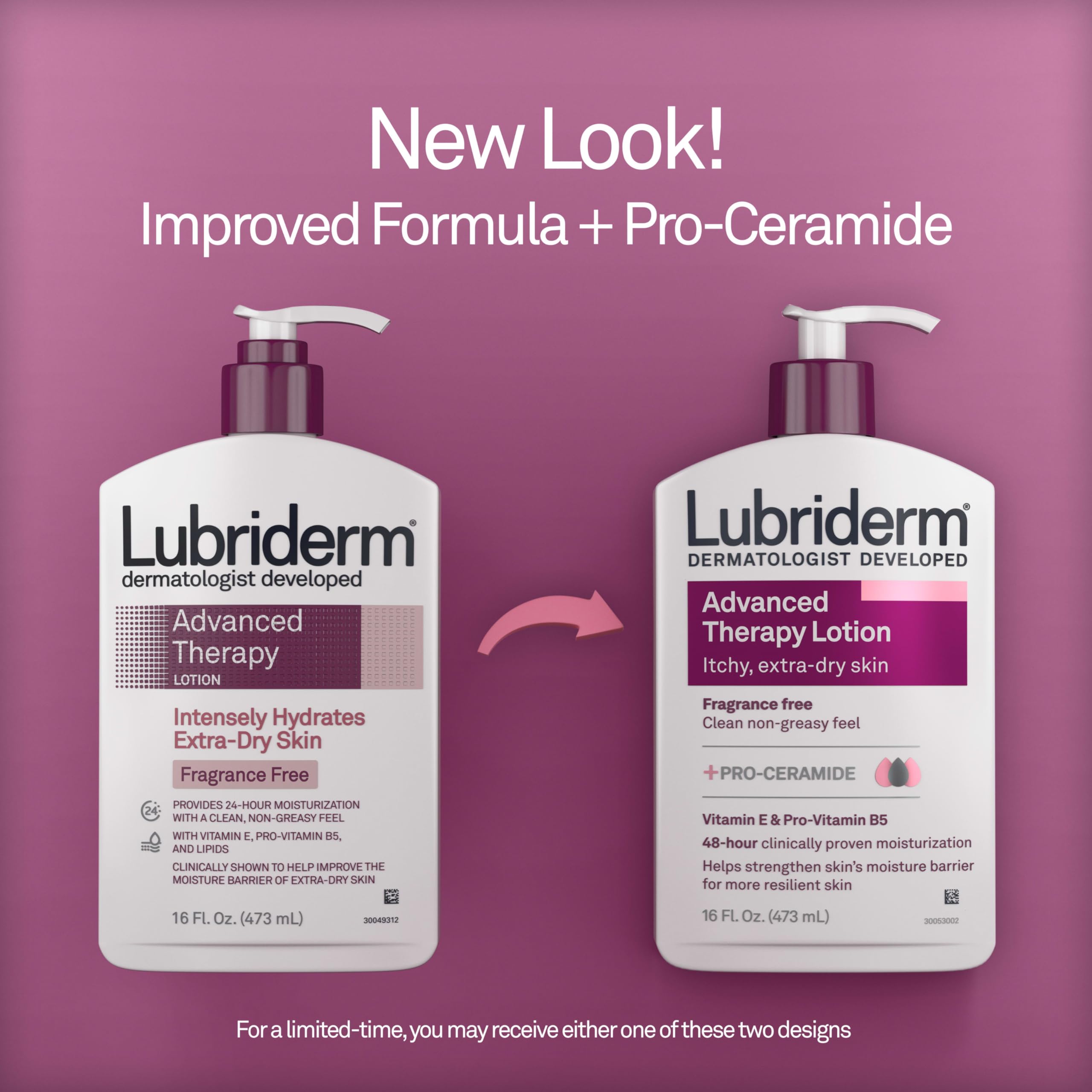 Presentación de dos botellas Lubriderm Terapia Avanzada de 16 oz.