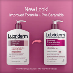 Presentación de dos botellas Lubriderm Terapia Avanzada de 16 oz.
